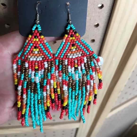 Seed bead earrings in teal, red, white, & more.